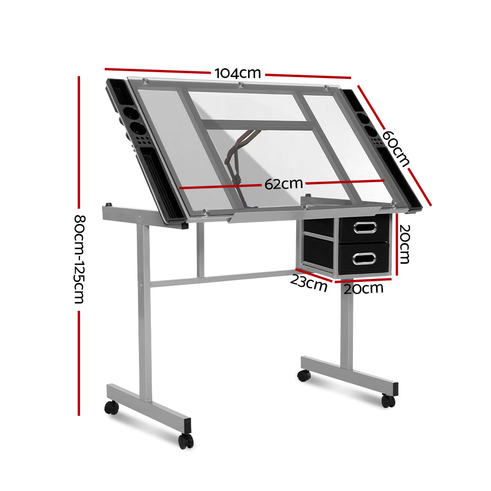 Artiss Drawing Desk Drafting Table Craft Adjustable Glass Art Tilt Drawers Grey
