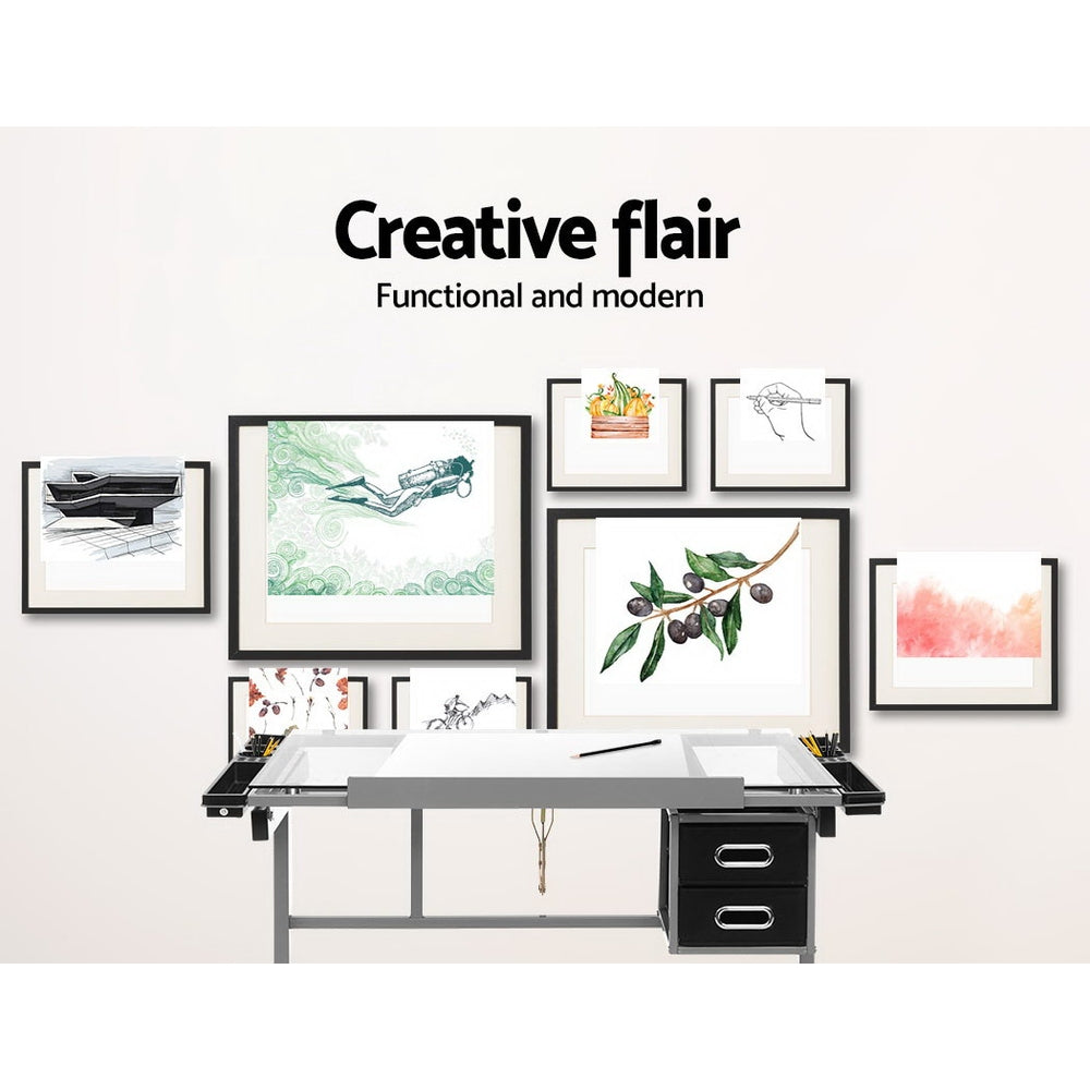 Artiss Drawing Desk Drafting Table Craft Adjustable Glass Art Tilt Drawers Grey