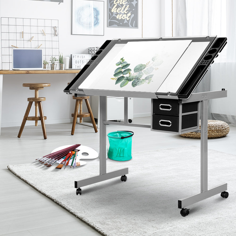 Artiss Drawing Desk Drafting Table Craft Adjustable Glass Art Tilt Drawers Grey