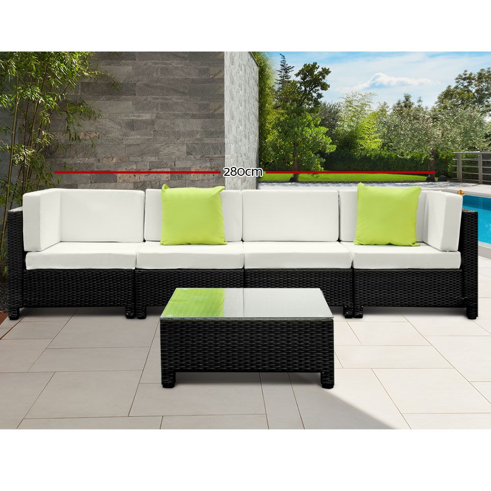 Gardeon 5 Piece PE Wicker Outdoor Sofa - Black & Grey