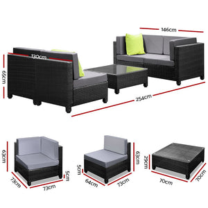 Gardeon 5 Piece PE Wicker Outdoor Sofa - Black & Grey