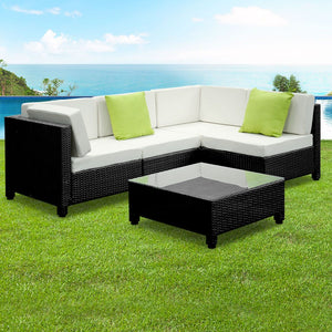 Gardeon 5 Piece PE Wicker Outdoor Sofa - Black & Grey