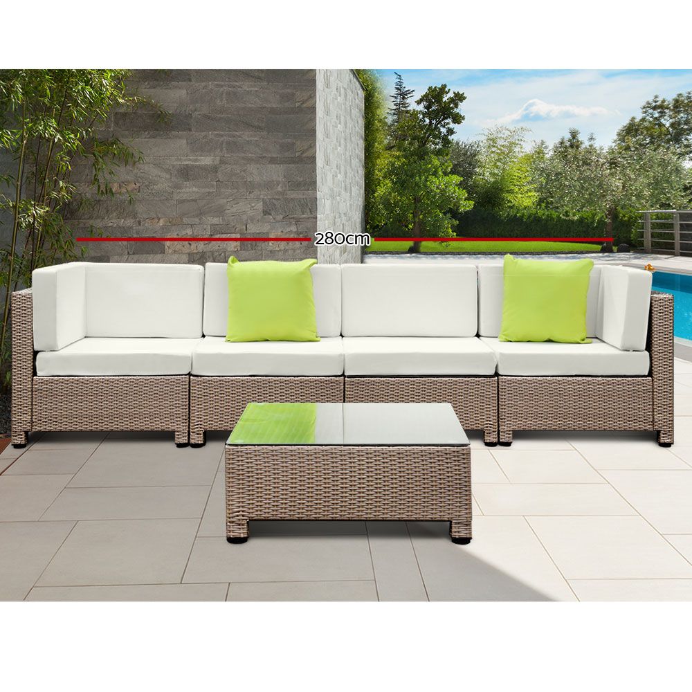 Gardeon 5 Piece PE Wicker Outdoor Sofa - Brown & Biege 
