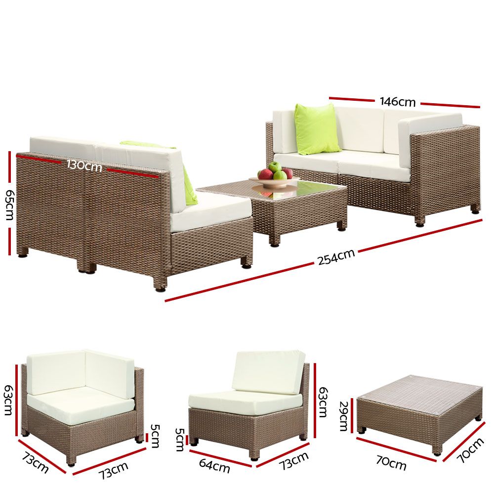 Gardeon 5 Piece PE Wicker Outdoor Sofa - Brown & Biege 