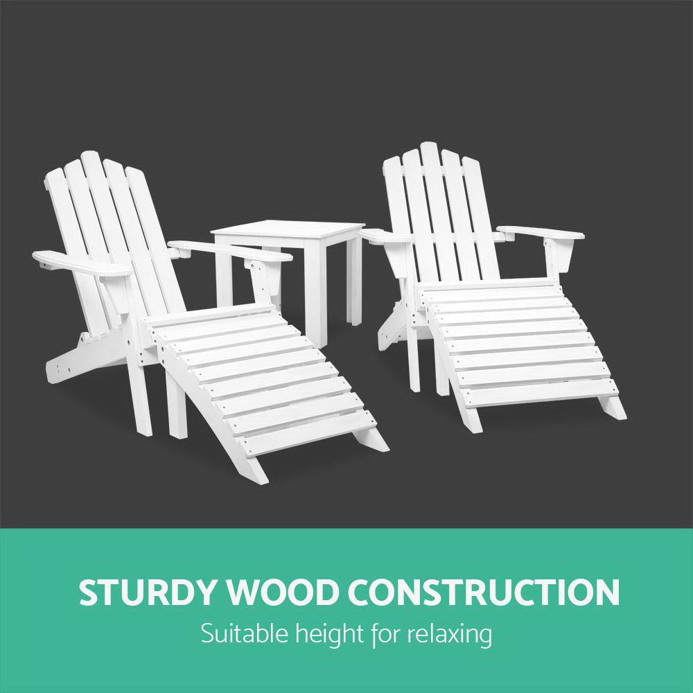 Gardeon 5 Piece Outdoor Wooden Adirondack Beach Chair and Table Set - White