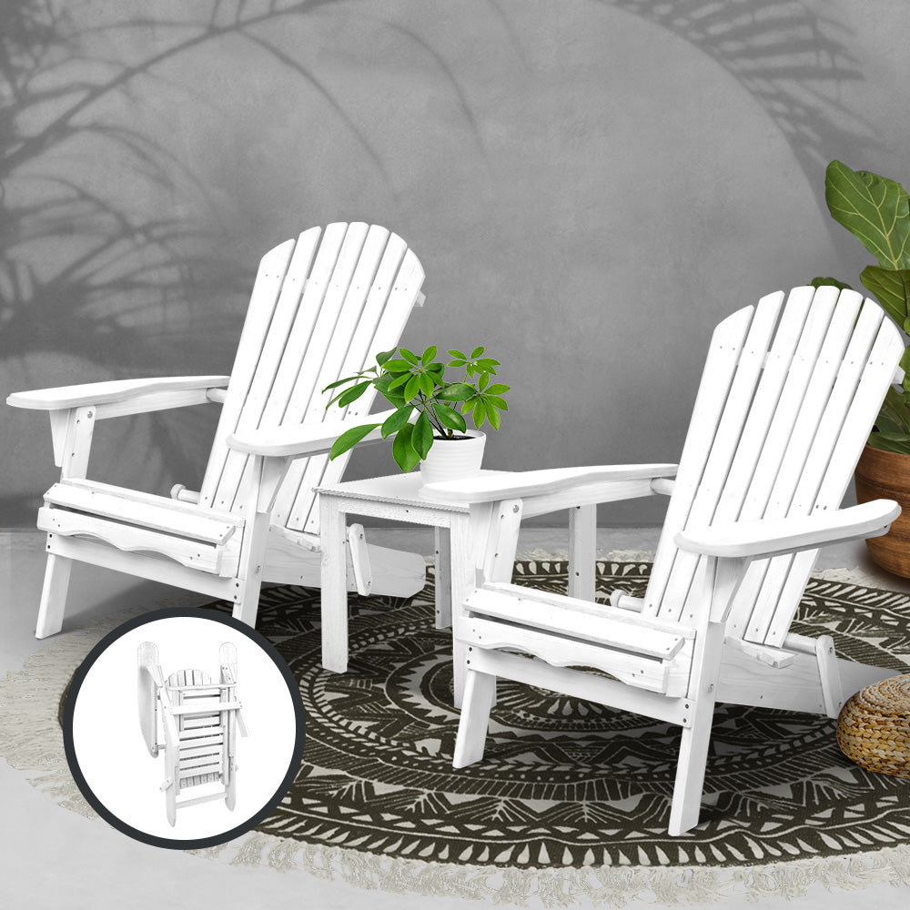 Gardeon 3 Piece Outdoor Adirondack Beach Chair and Table Set - White