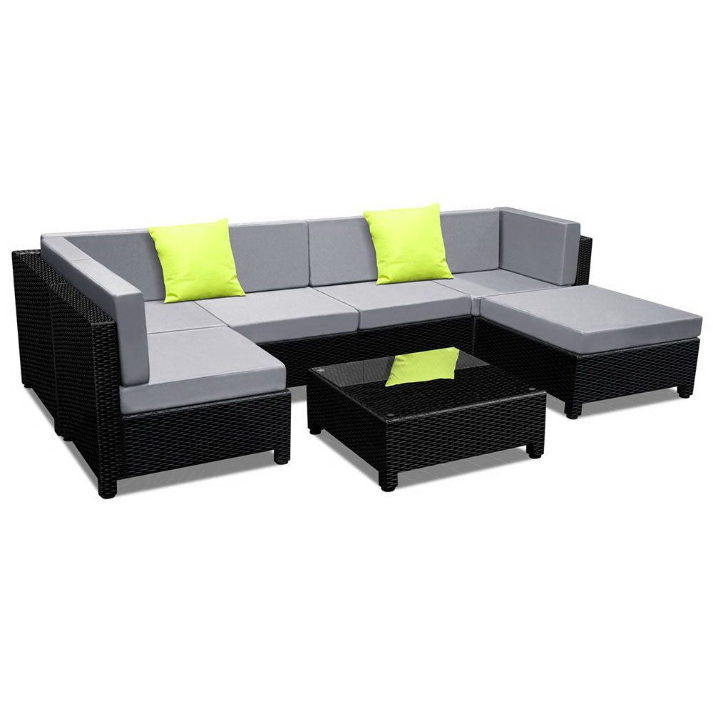 Gardeon 7 Piece PE Wicker Outdoor Furniture Set - Black