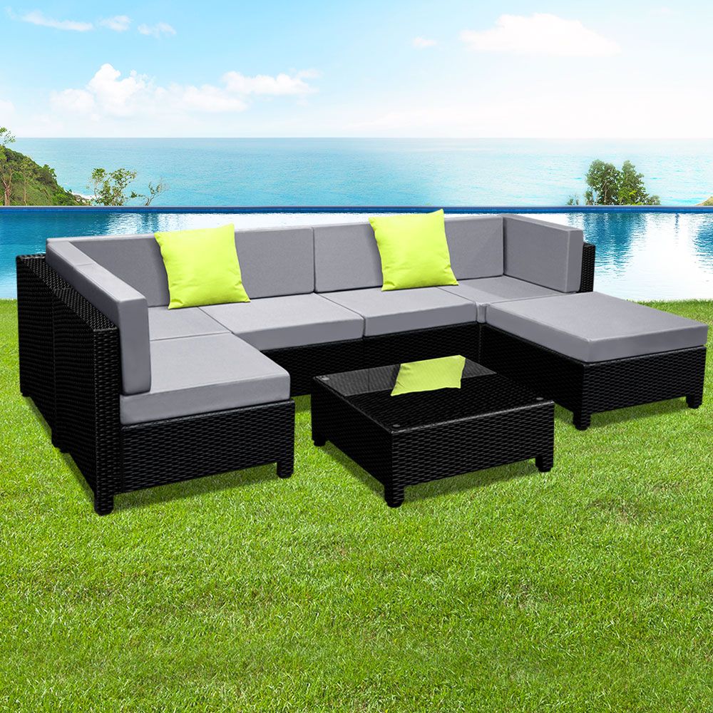 Gardeon 7 Piece PE Wicker Outdoor Furniture Set - Black
