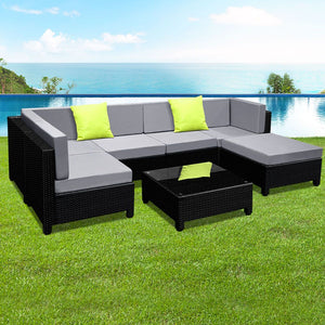 Gardeon 7 Piece PE Wicker Outdoor Furniture Set - Black