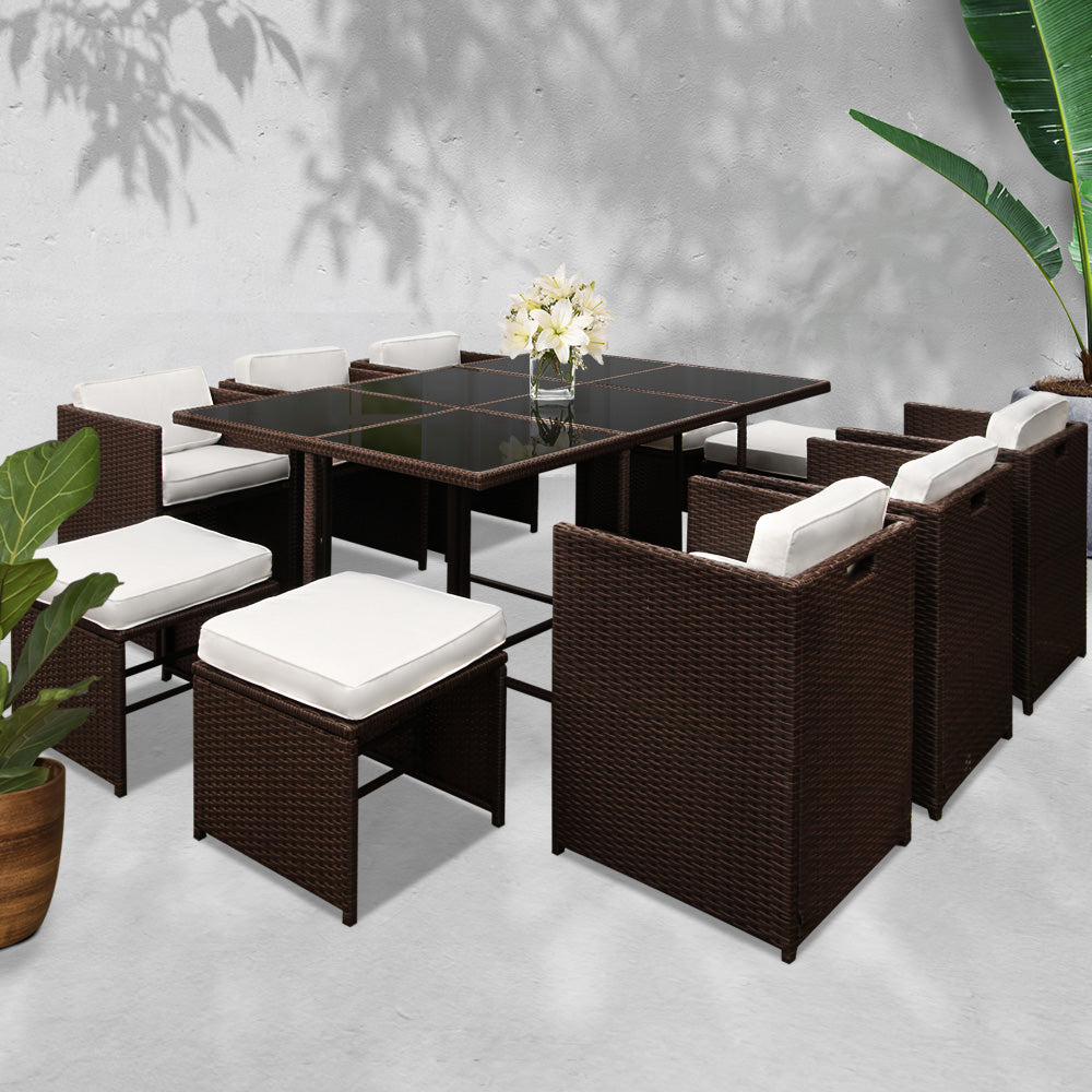 Gardeon 11 Piece PE Wicker Outdoor Dining Set - Brown & White