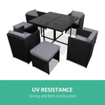 Gardeon 9 Piece Wicker Outdoor Dining Set - Black & Grey