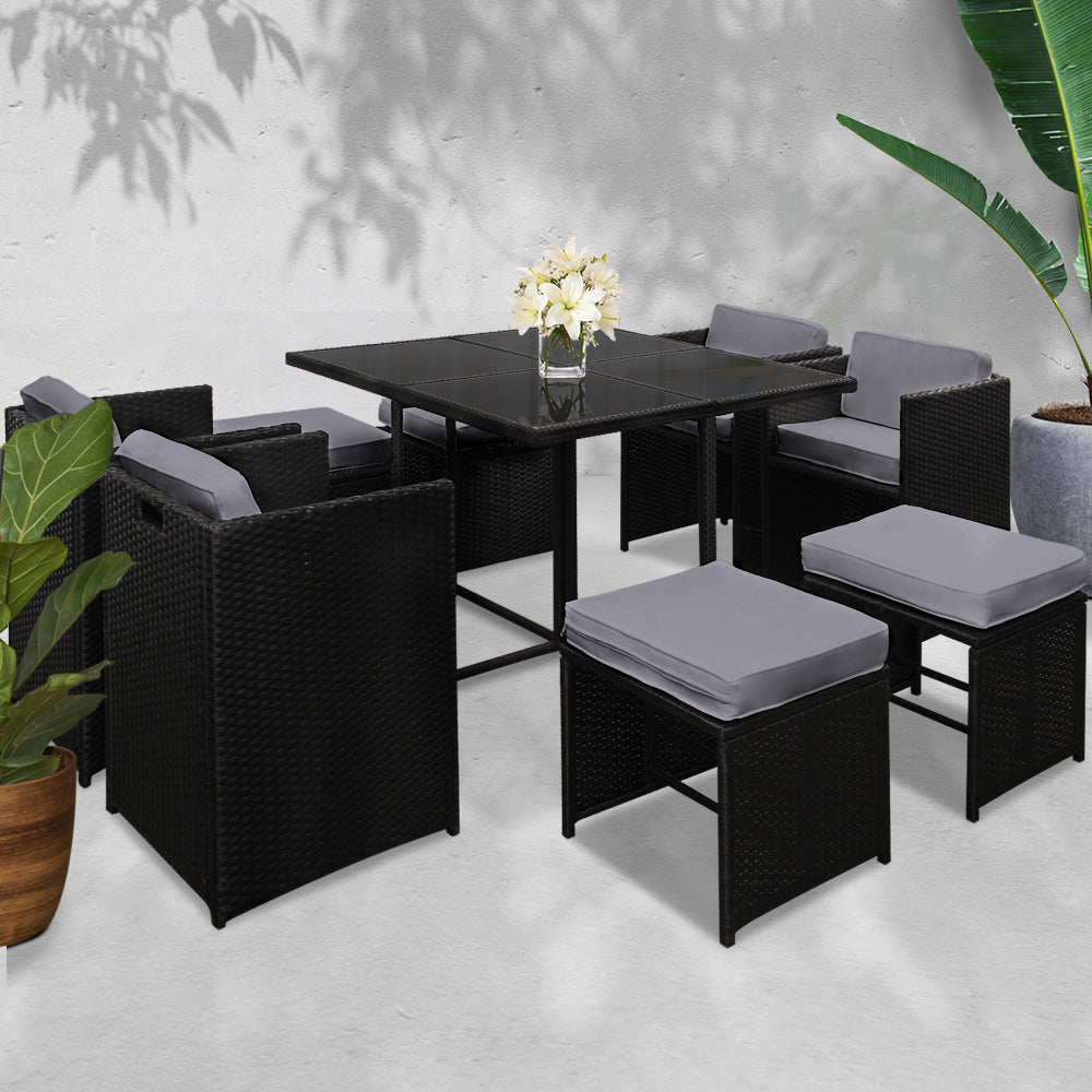 Gardeon 9 Piece Wicker Outdoor Dining Set - Black & Grey