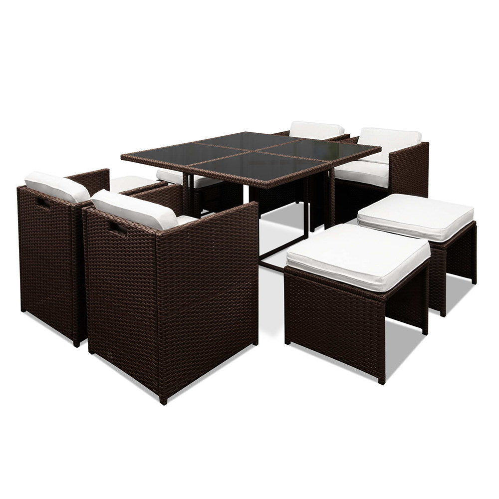 Gardeon 9 Piece Wicker Outdoor Dining Set - Brown & White