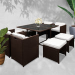 Gardeon 9 Piece Wicker Outdoor Dining Set - Brown & White