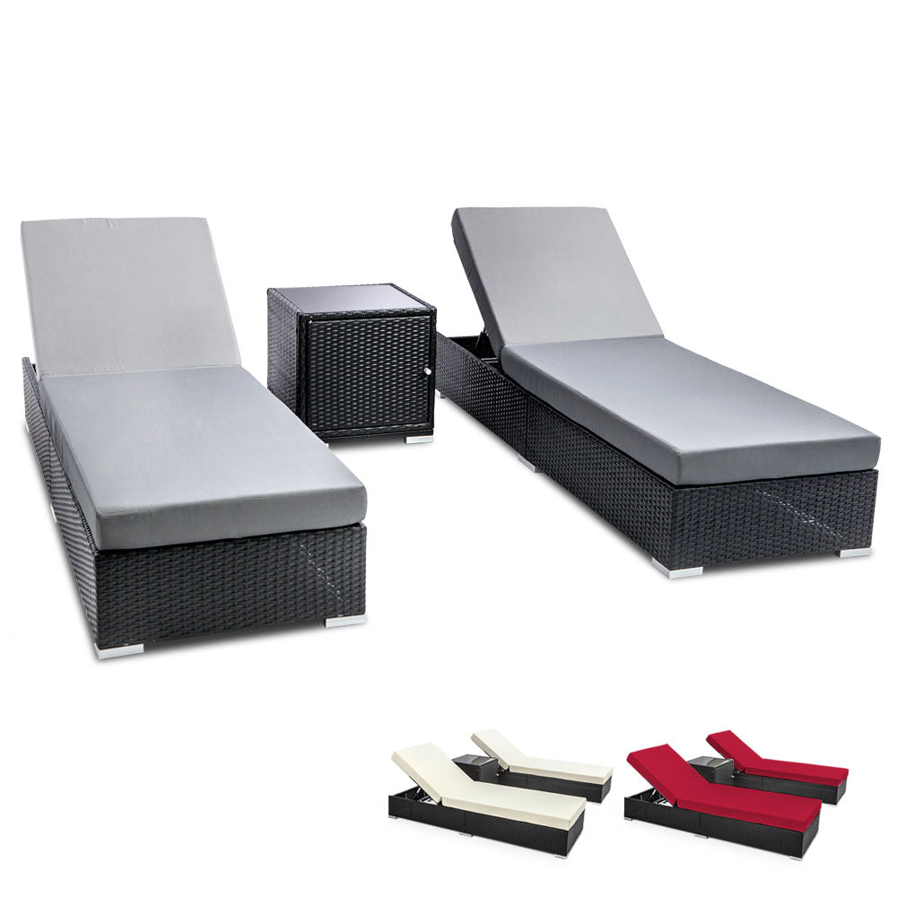Outdoor Sun Lounge Wicker Lounger Setting Day Bed Chair Pool Furniture Rattan Sofa Cushion Garden Patio 3pc Gardeon Black ...