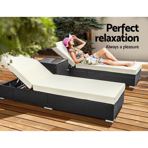 Outdoor Sun Lounge Wicker Lounger Setting Day Bed Chair Pool Furniture Rattan Sofa Cushion Garden Patio 3pc Gardeon Black ...
