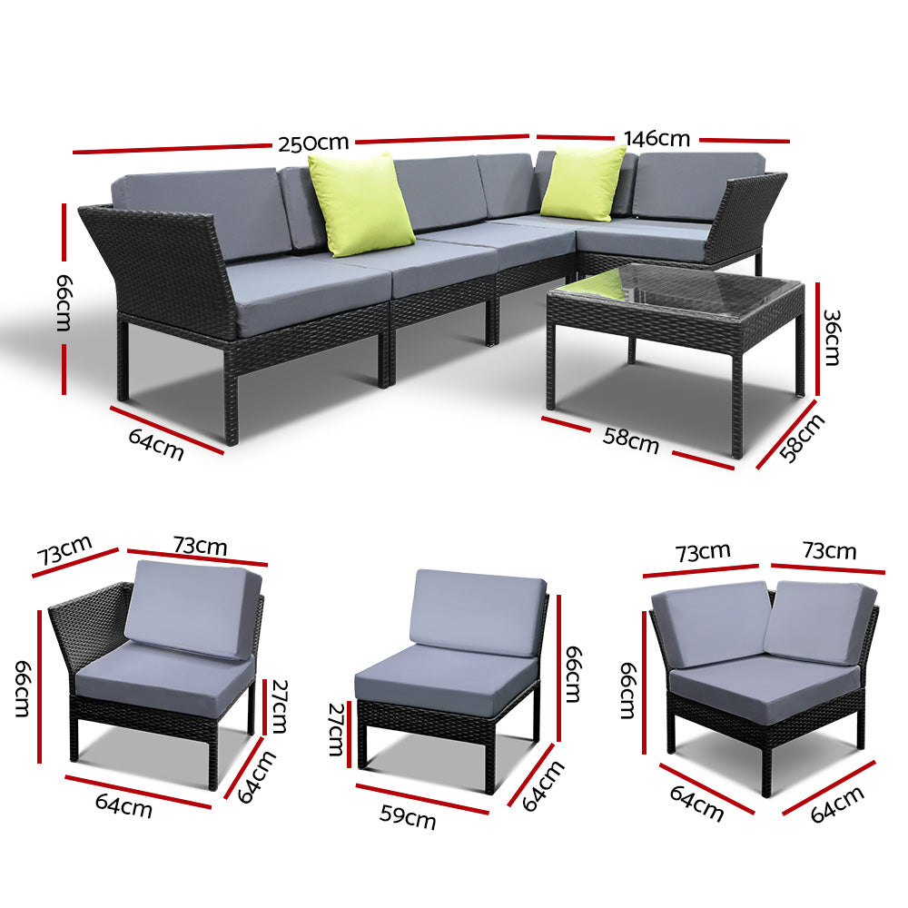 Gardeon 6 Piece Outdoor Wicker Sofa Set - Black