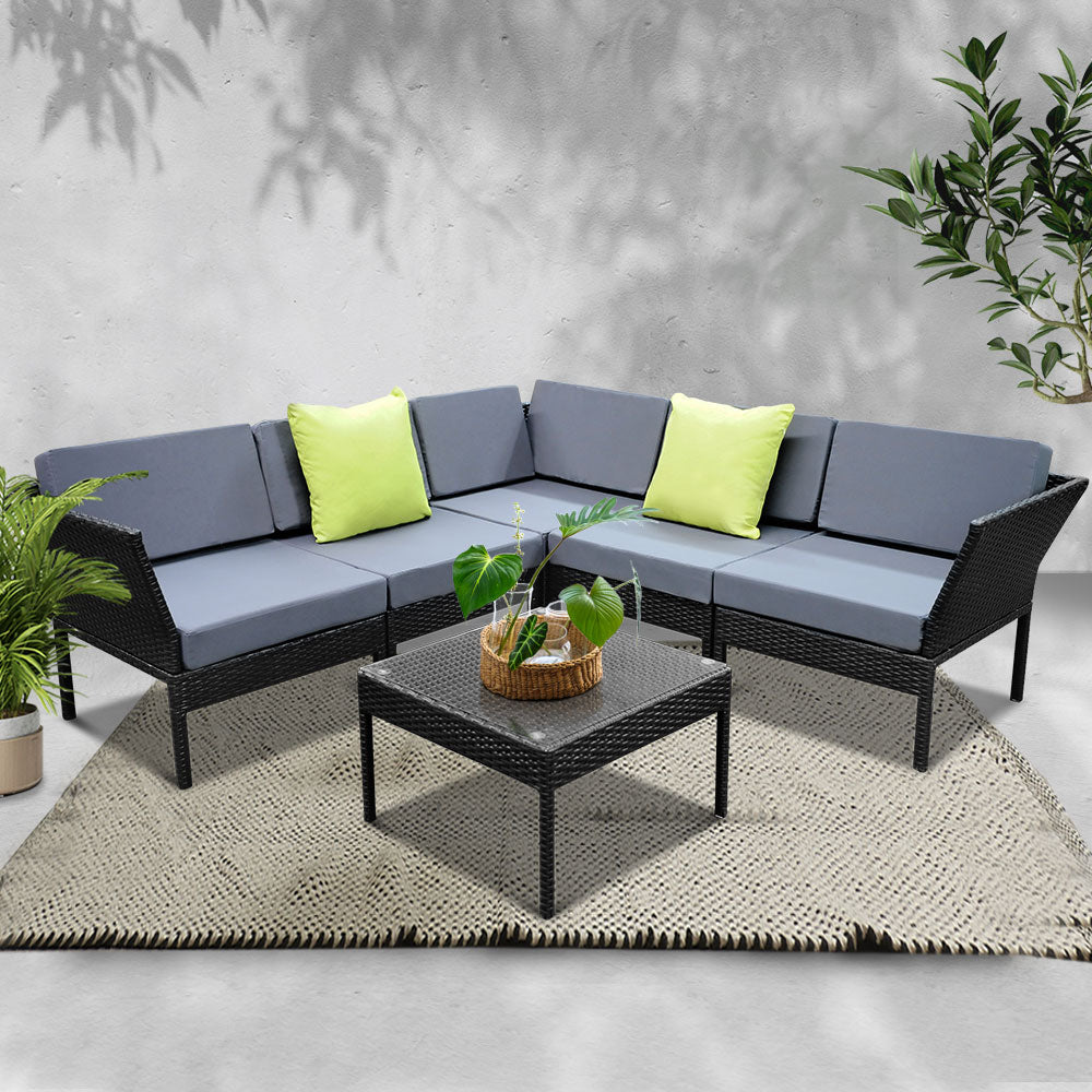 Gardeon 6 Piece Outdoor Wicker Sofa Set - Black