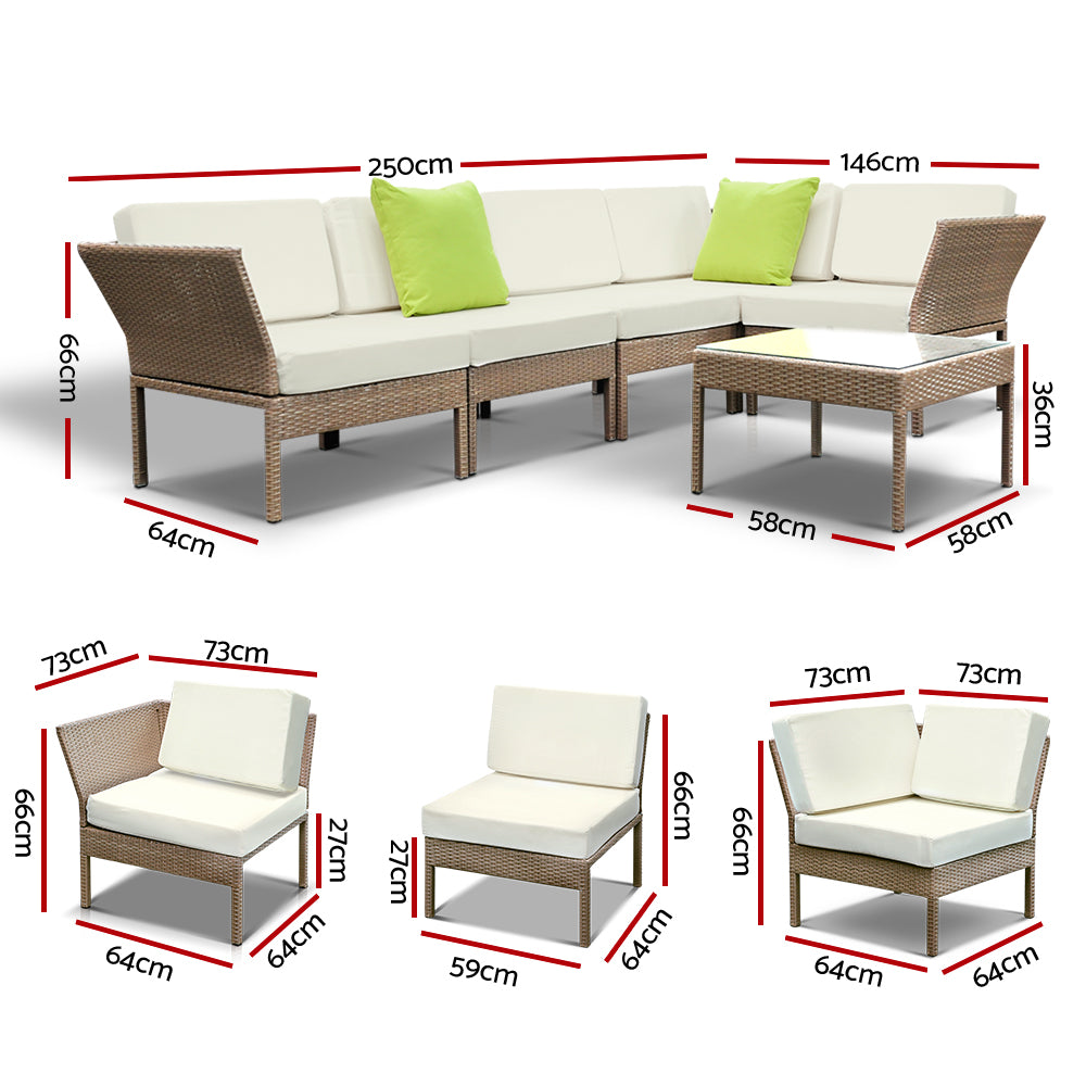 Gardeon 6 Piece Outdoor Wicker Sofa Set - Brown