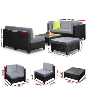 Gardeon 6 Piece Outdoor Wicker Sofa Set - Black