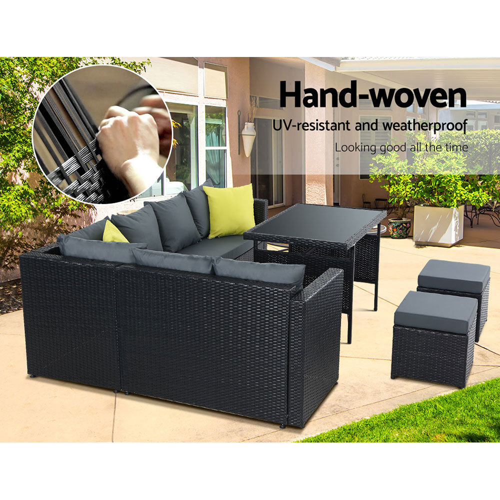 Gardeon Outdoor Furniture Patio Set Dining Sofa Table Chair Lounge Wicker Garden Black 