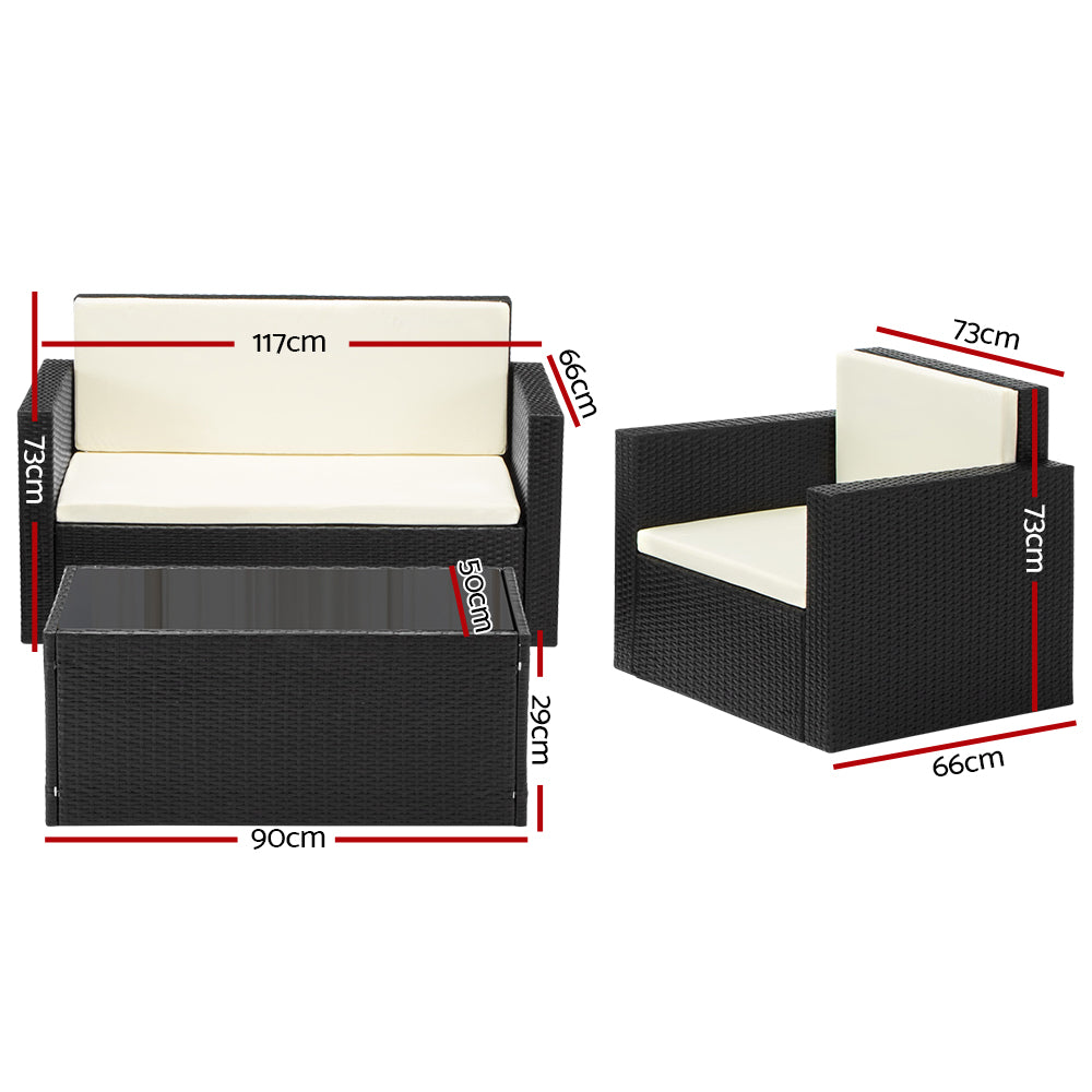 Gardeon 4 Piece Outdoor Wicker Furniture Set - Black