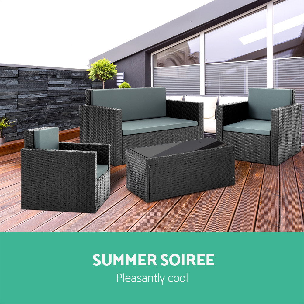 Gardeon 4 Piece Outdoor Wicker Furniture Set - Black