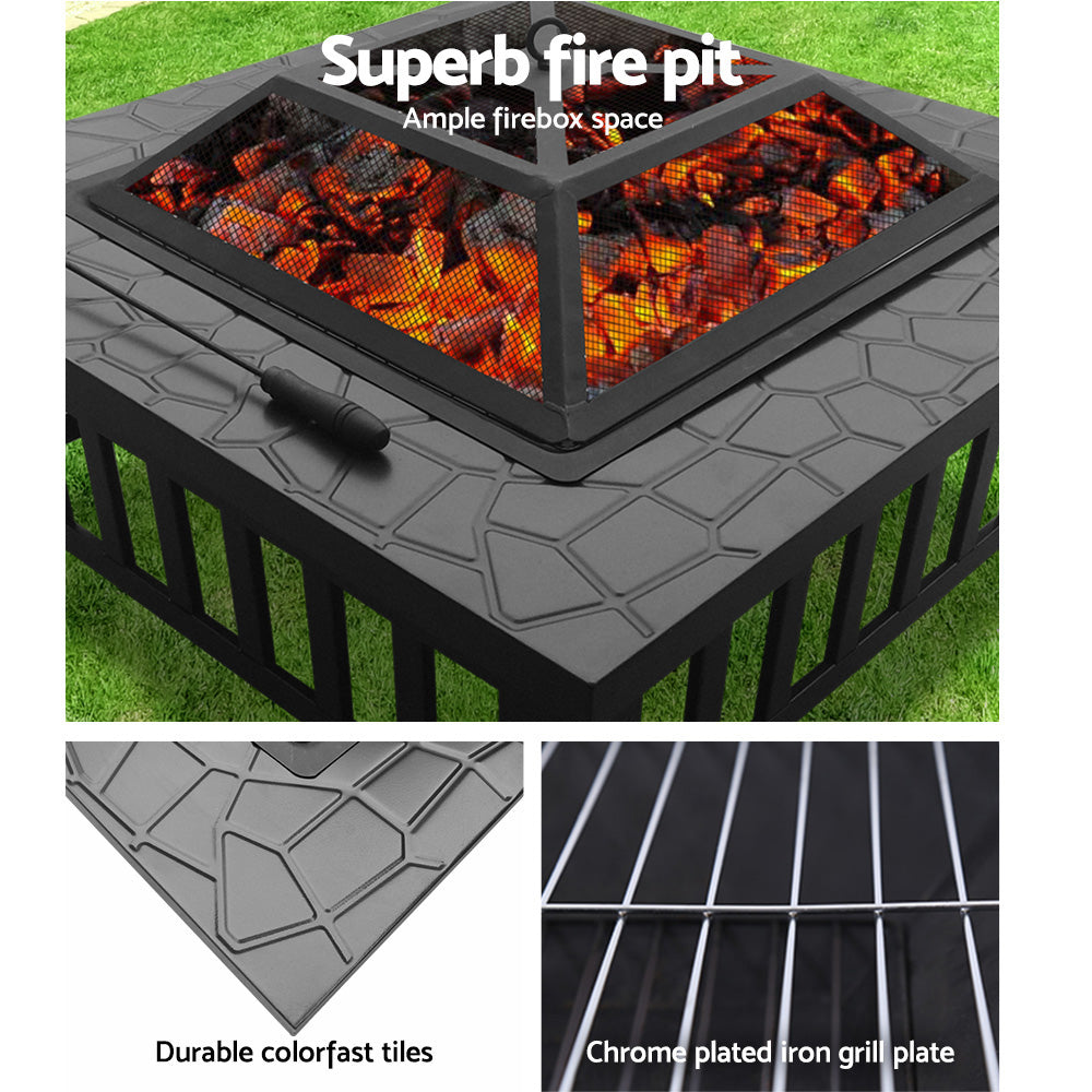 Grillz Outdoor Fire Pit BBQ Table Grill Fireplace Stone Pattern