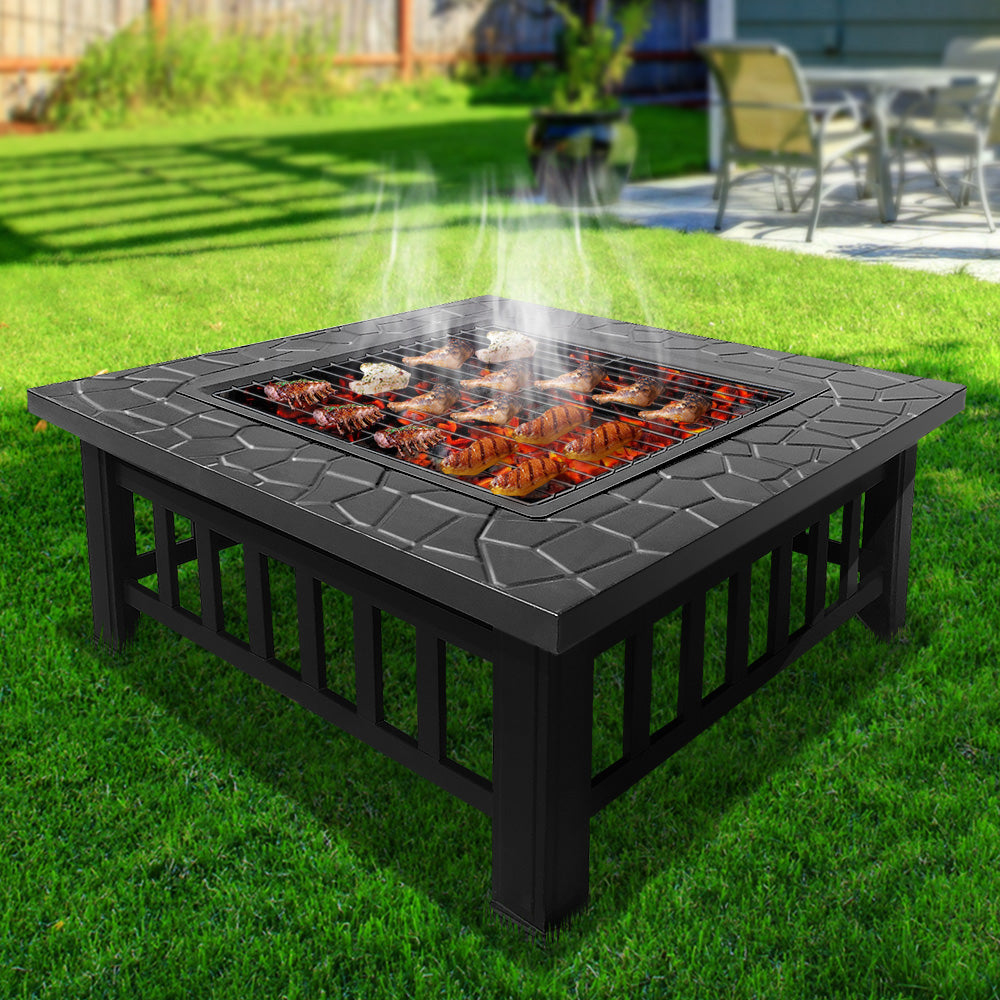 Grillz Outdoor Fire Pit BBQ Table Grill Fireplace Stone Pattern