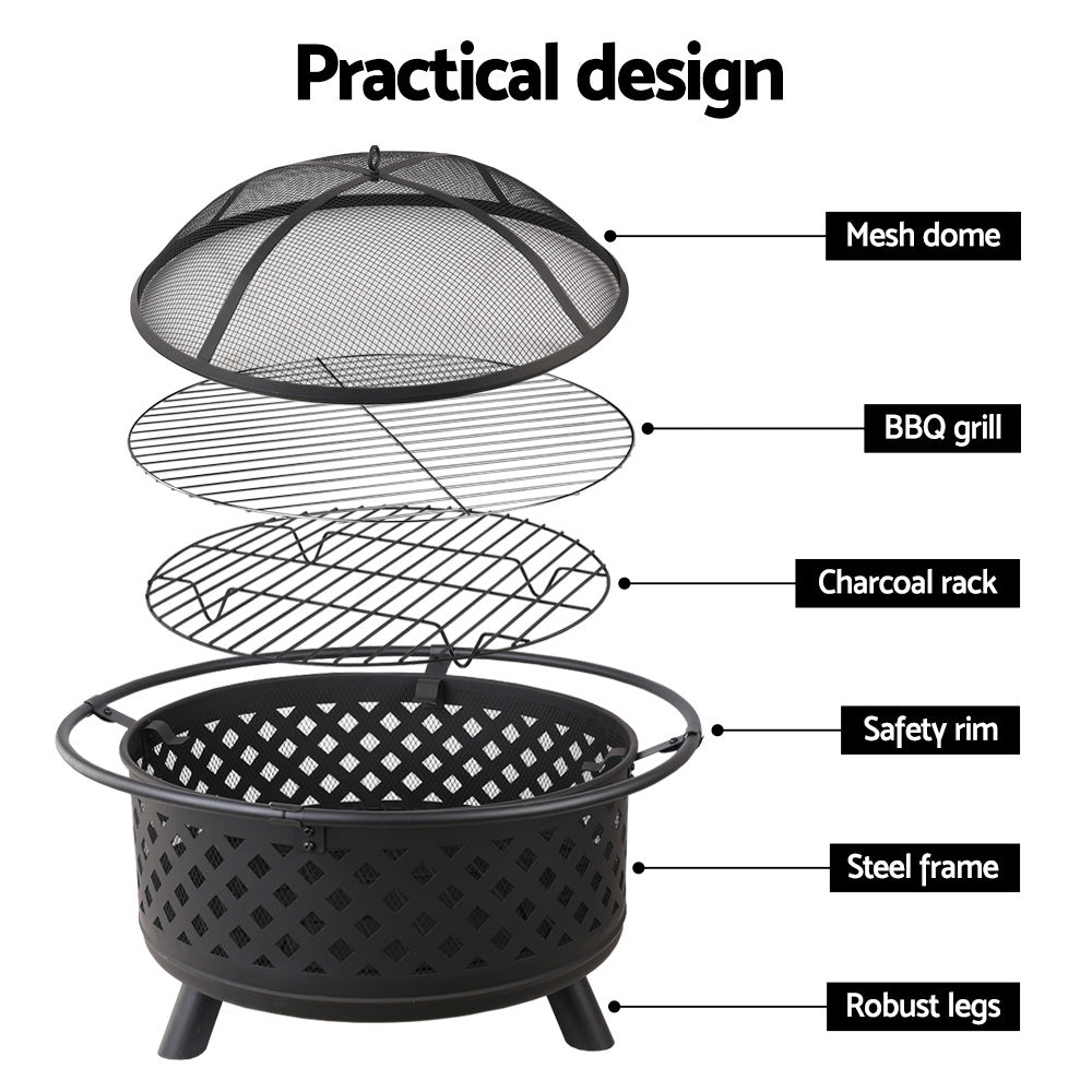 Grillz 30 Inch Portable Outdoor Fire Pit and BBQ - Black