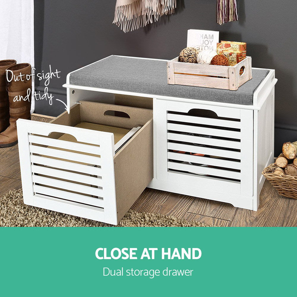 Artiss Fabric Shoe Bench with Drawers - White & Grey