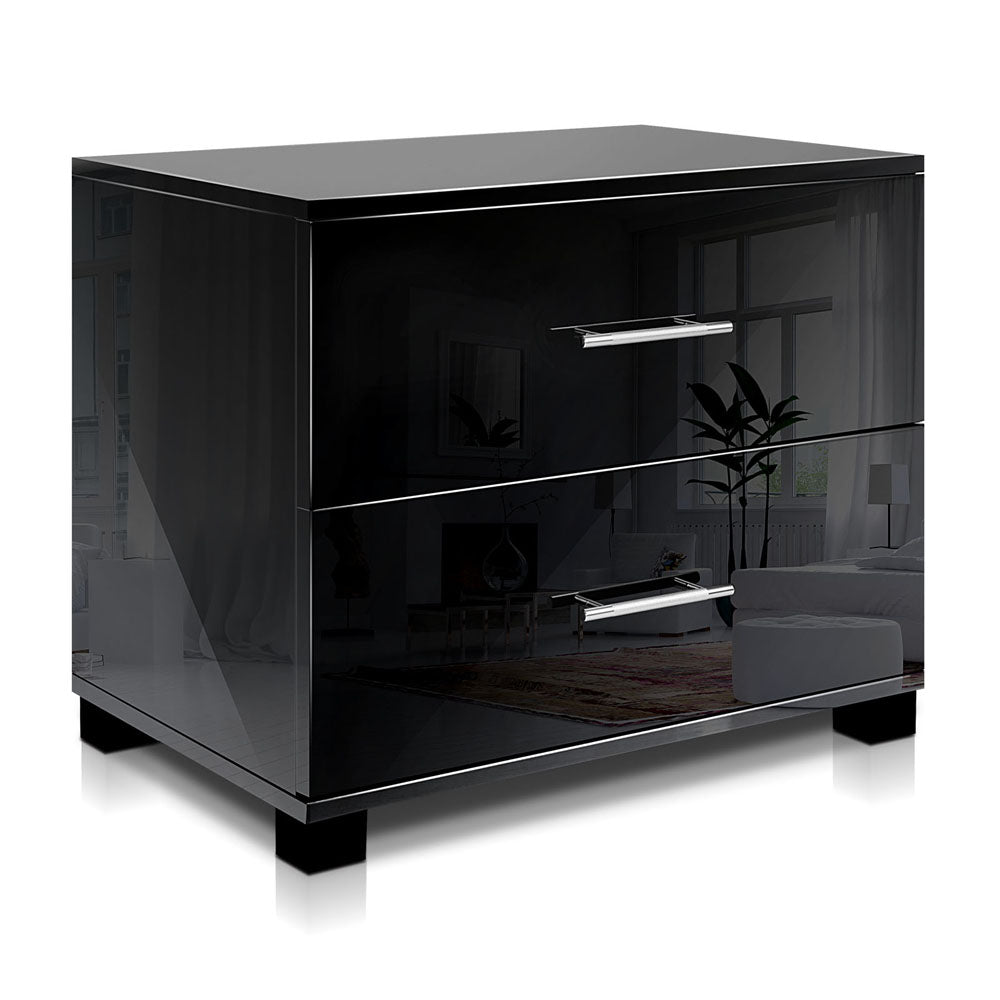 Artiss High Gloss Two Drawers Bedside Table - Black