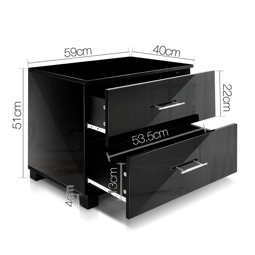 Artiss High Gloss Two Drawers Bedside Table - Black