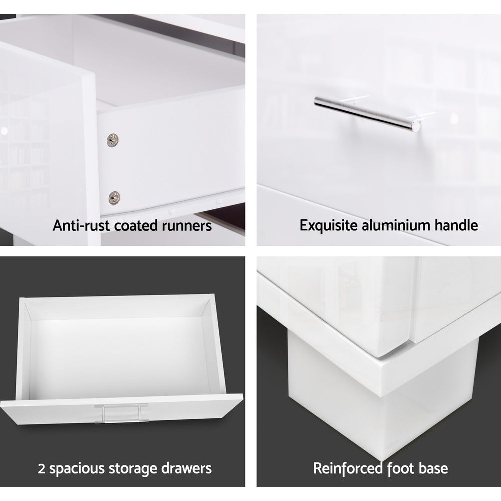 Artiss High Gloss Two Drawers Bedside Table - White