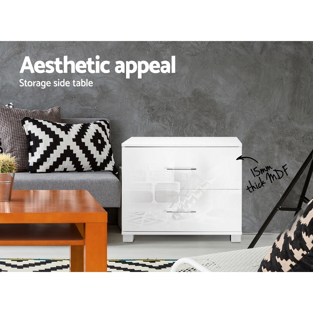 Artiss High Gloss Two Drawers Bedside Table - White