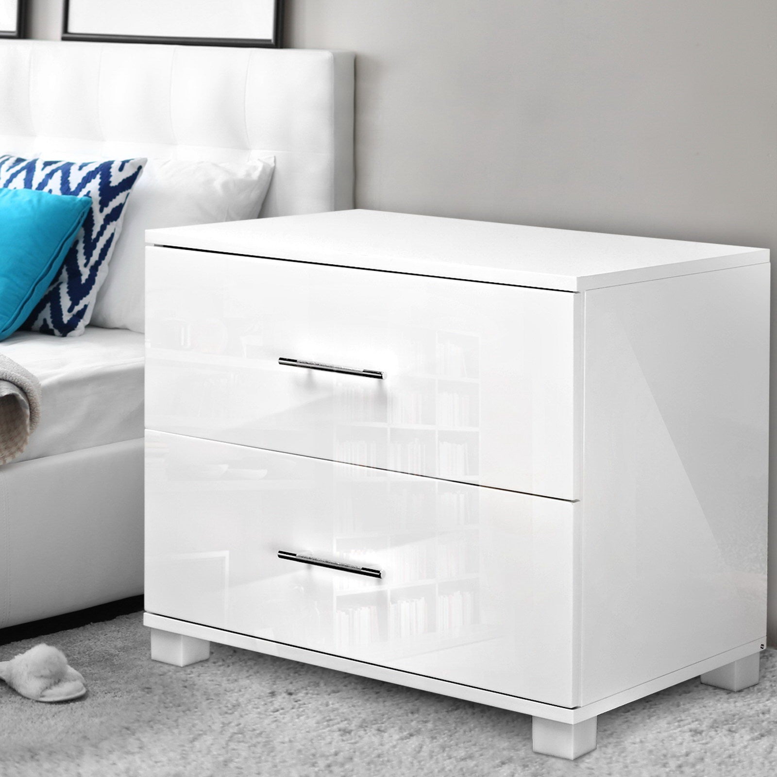 Artiss High Gloss Two Drawers Bedside Table - White