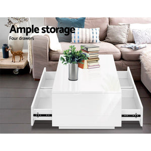 Artiss Modern Coffee Table 4 Storage Drawers High Gloss Wooden Shelf White