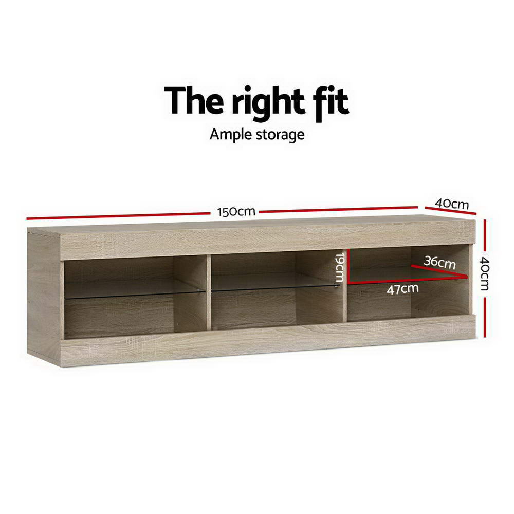 Artiss TV Cabinet Entertainment Unit Stand RGB LED Glass Shelf Storage 150cm Oak
