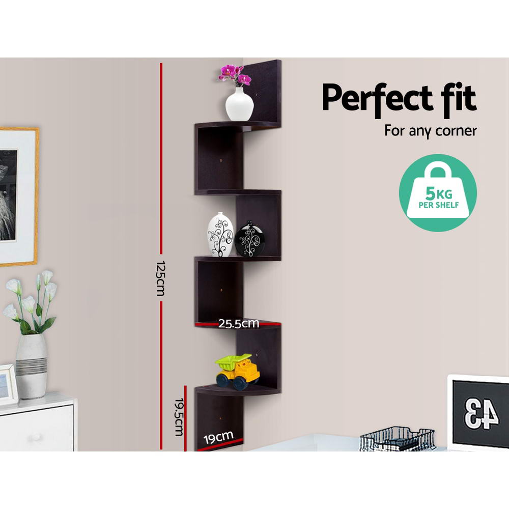 Artiss 5 Tier Corner Wall Floating Shelf Mount Display Bookshelf Rack Brown