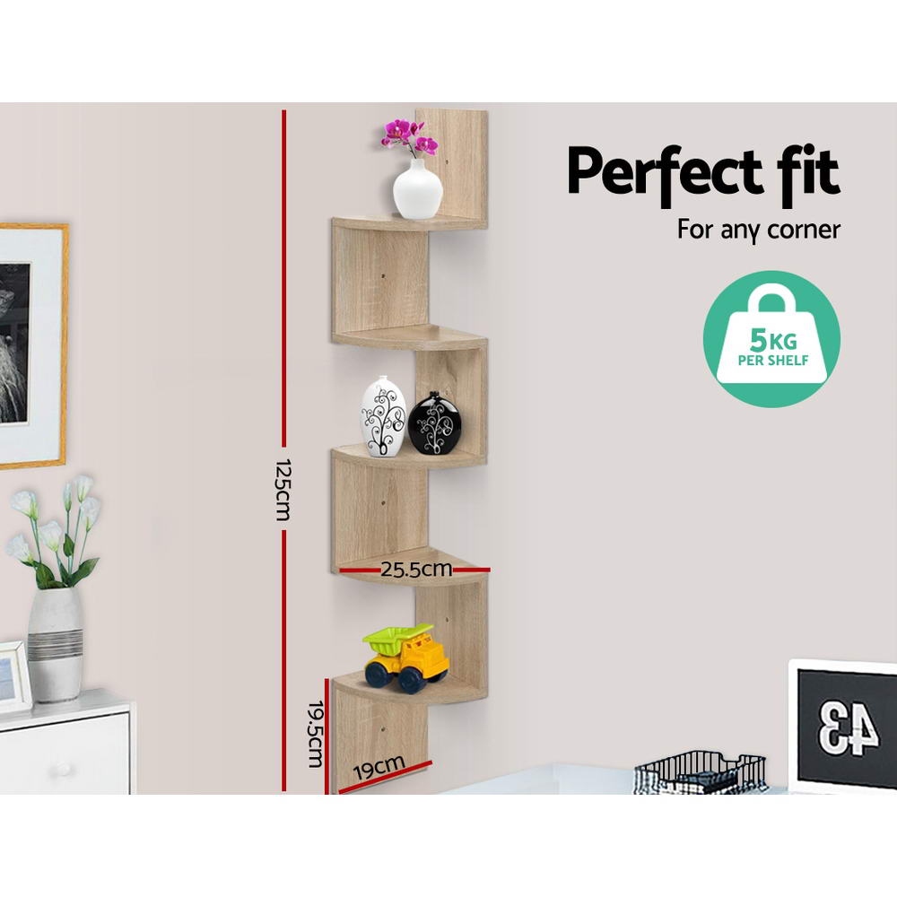 Artiss 5 Tier Corner Wall Floating Shelf Mount Display Bookshelf Rack Oak
