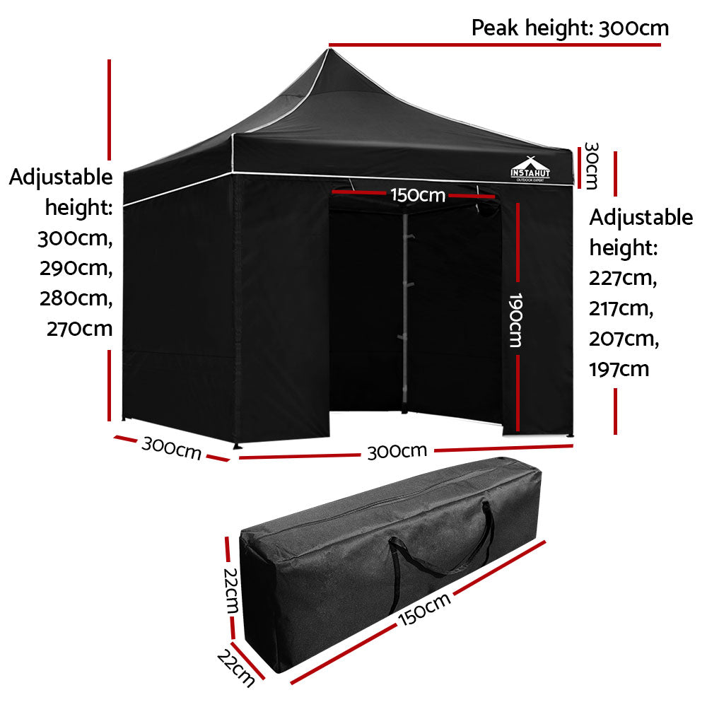 Instahut Aluminium Pop Up Gazebo Outdoor Folding Marquee Tent 3x3m Black