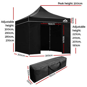 Instahut Aluminium Pop Up Gazebo Outdoor Folding Marquee Tent 3x3m Black