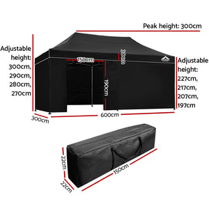 Instahut Aluminium Pop Up Gazebo Outdoor Folding Marquee Tent 3x6m Black