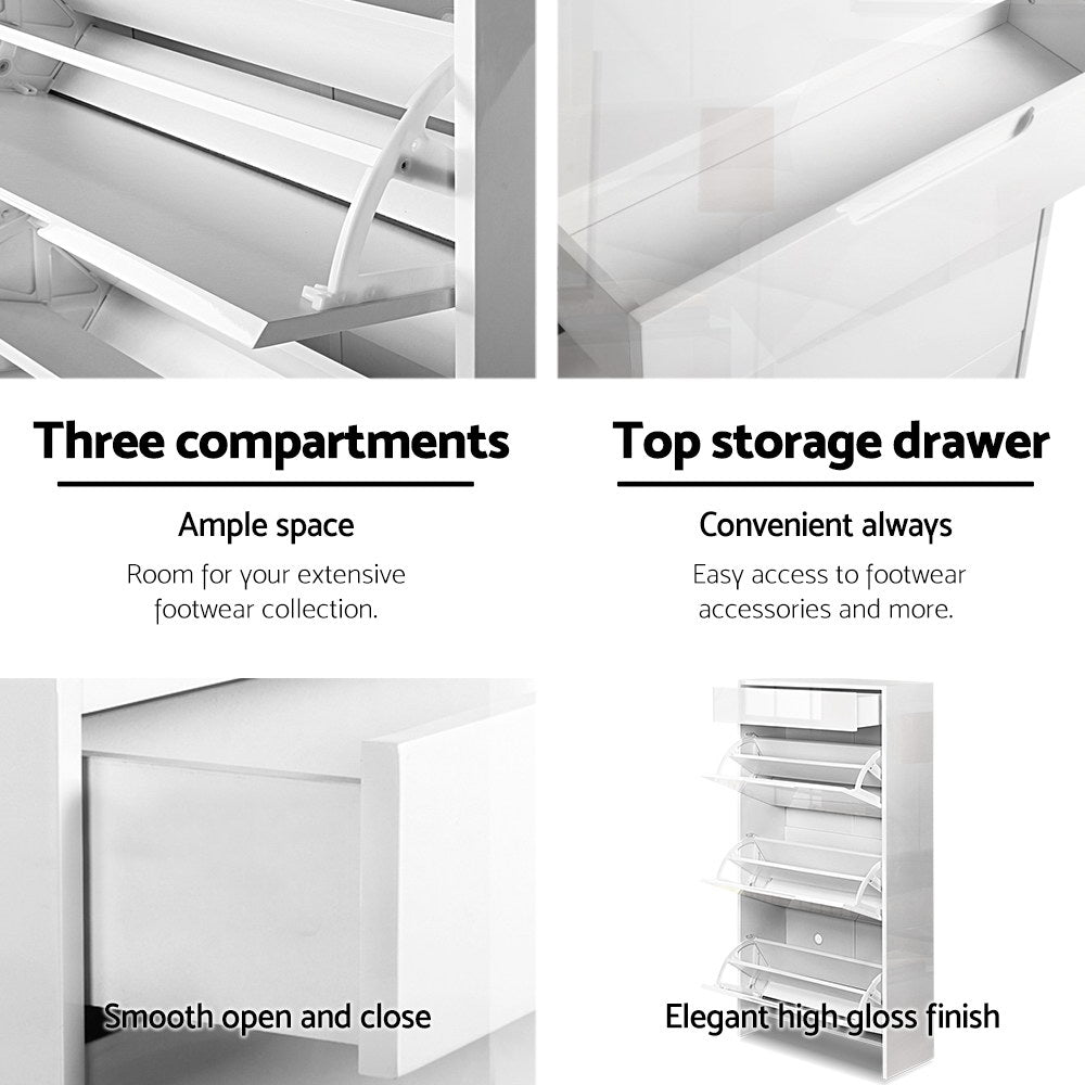 Artiss 24 Pair High Gloss Wooden Shoe Cabinet - White
