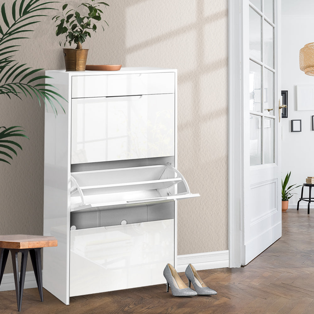 Artiss 24 Pair High Gloss Wooden Shoe Cabinet - White