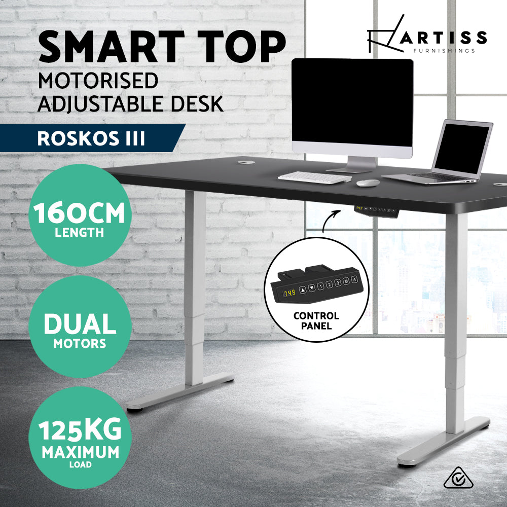 Electric Motorised Height Adjustable Standing Desk - Grey Frame with 160cm Black Top