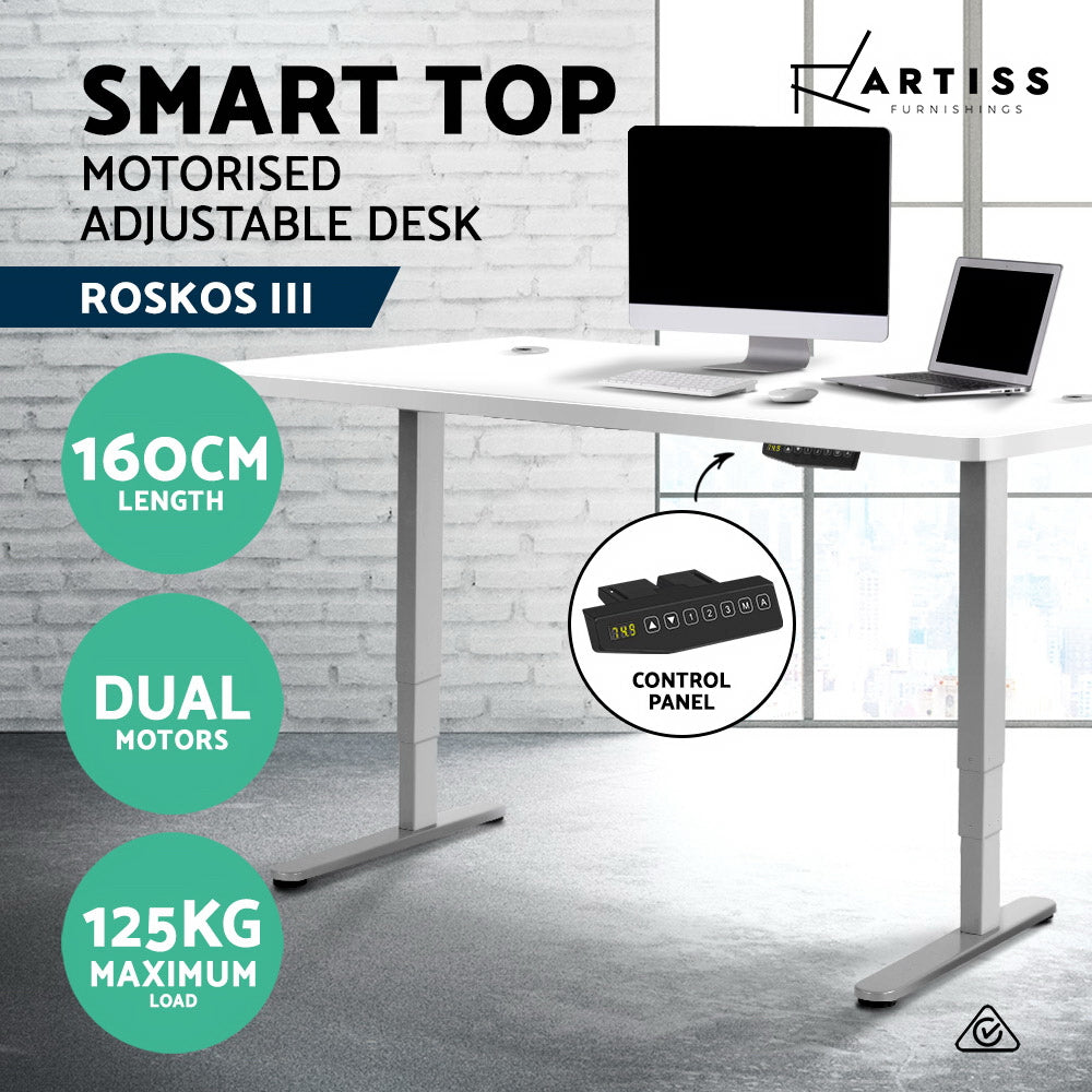 Electric Motorised Height Adjustable Standing Desk - Grey Frame with 160cm White Top