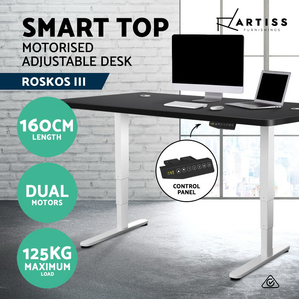 Electric Motorised Height Adjustable Standing Desk - White Frame with 160cm Black Top