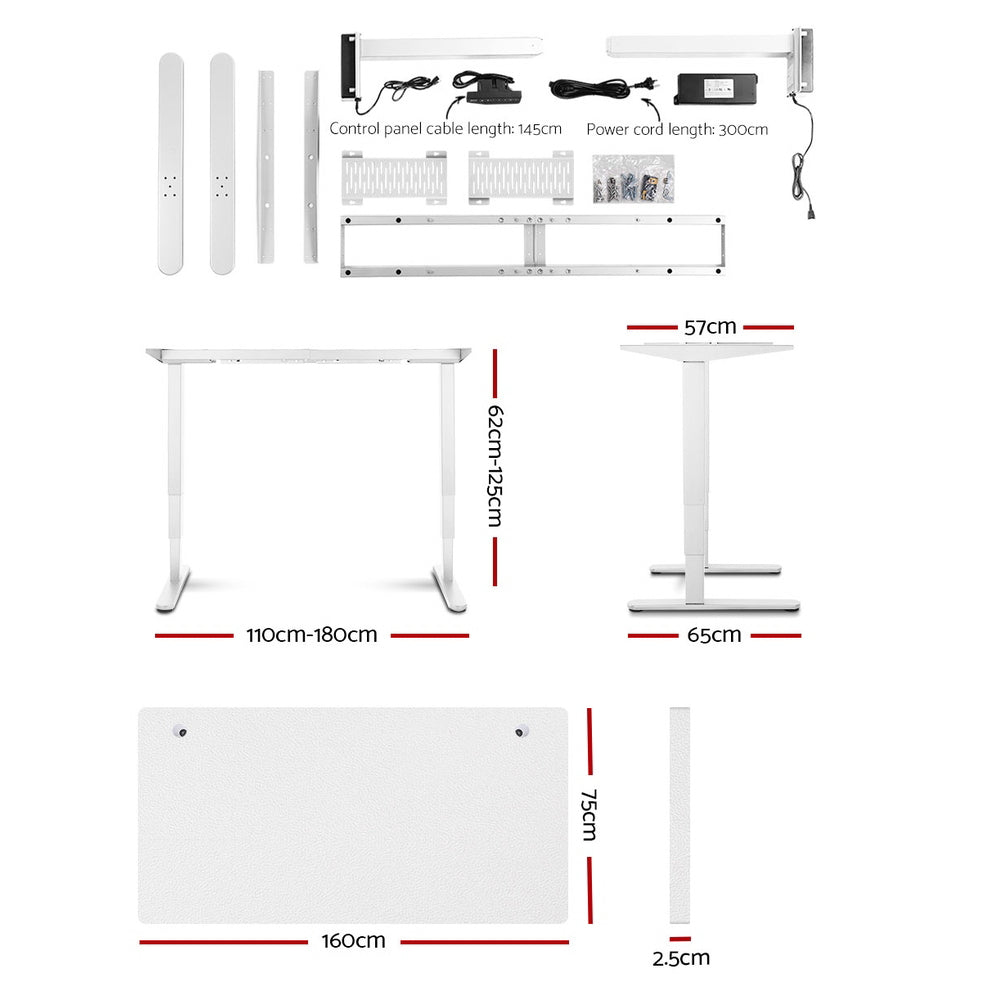 Electric Motorised Height Adjustable Standing Desk - White Frame with 160cm White Top