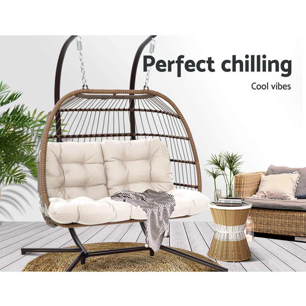 Gardeon Outdoor Furniture Hanging Swing Chair Stand Egg Hammock Rattan Wicker Latte